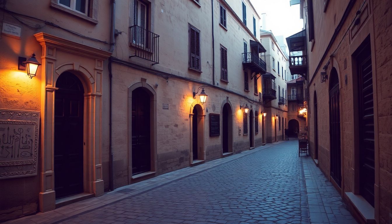 A photo of a cobblestone alley in Mea Shearim with historic buildings.