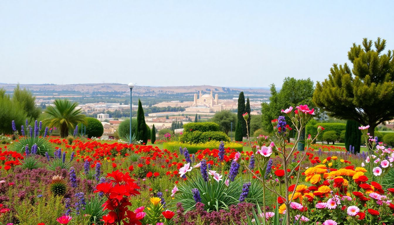 A peaceful botanical garden with colorful plants and historic landmarks.