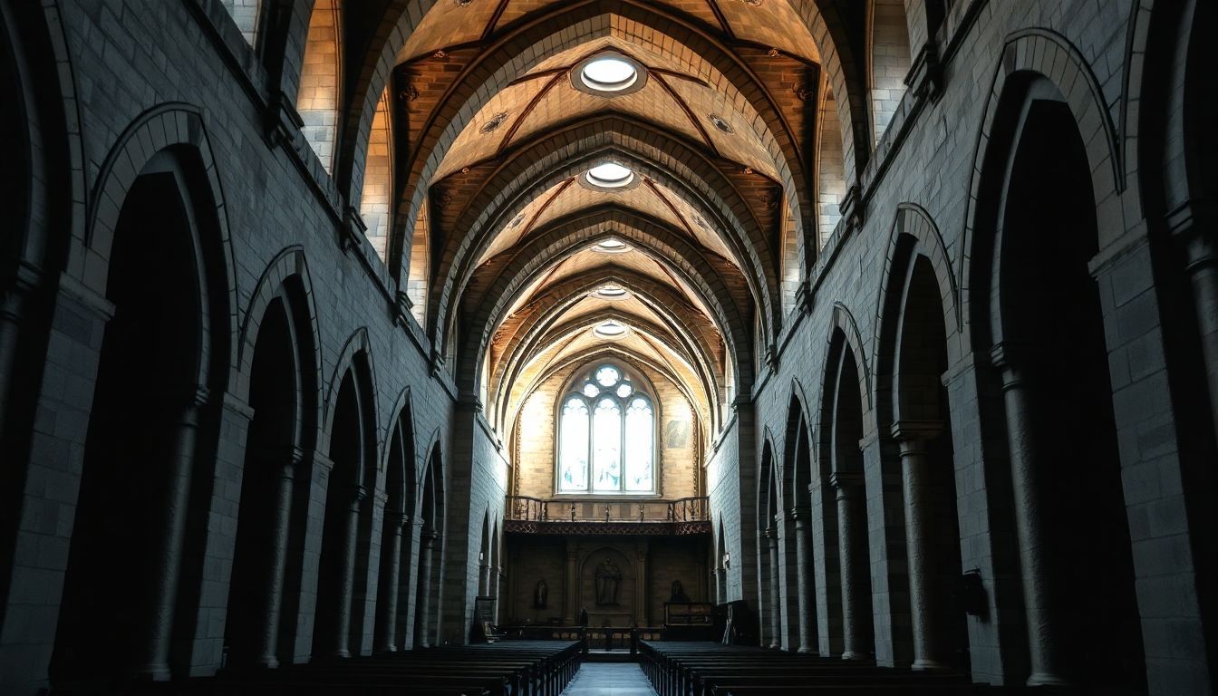 Ancient stone archways and mosaics in St. George's Cathedral.