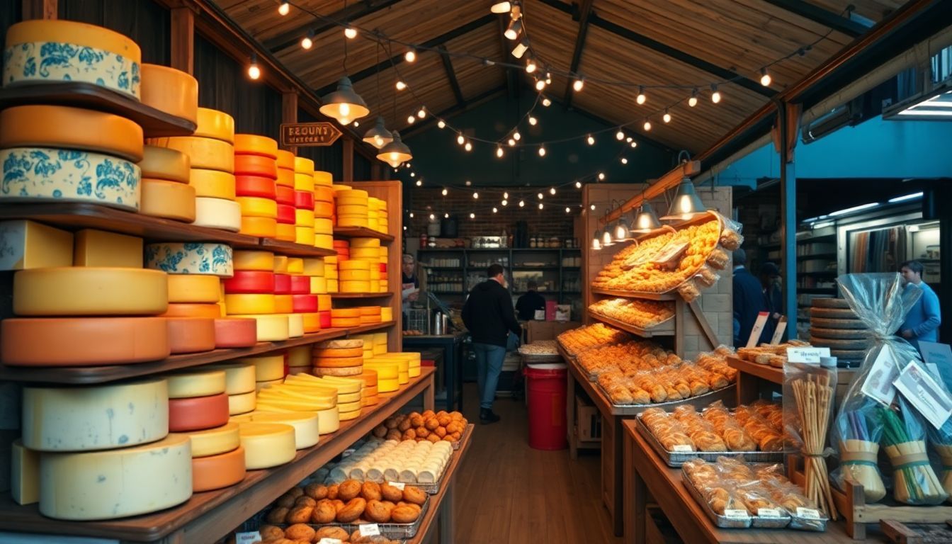 Vibrant market stall with cheese, pastries, and sweets under string lights.