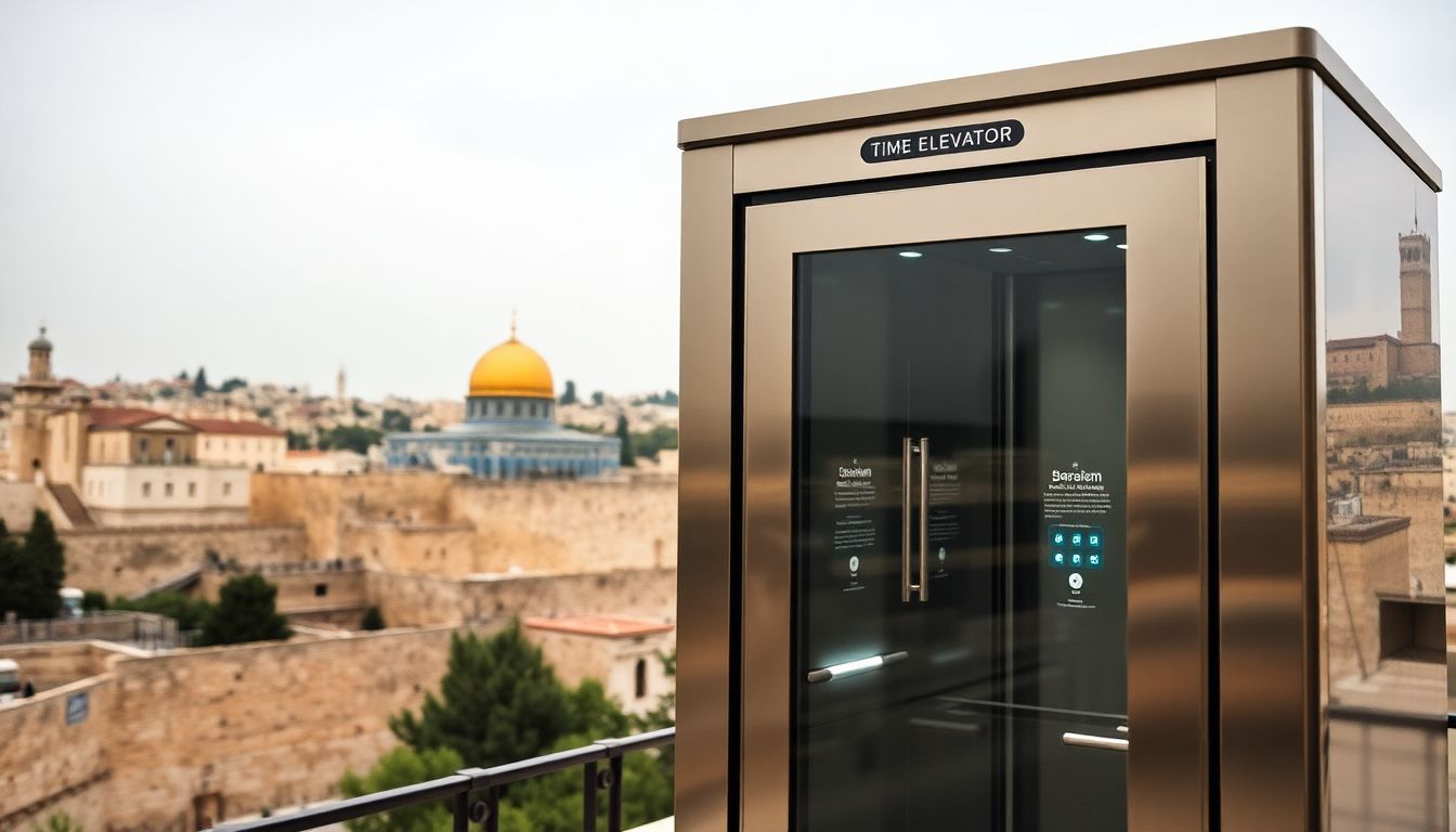 A close-up of Time Elevator in Jerusalem against the ancient cityscape.