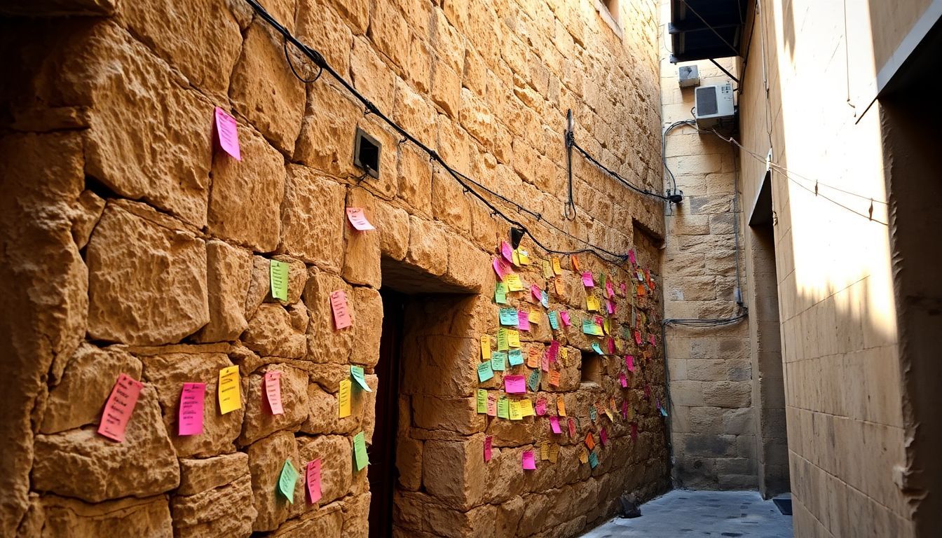 Aged stone wall covered in colorful prayer notes in quiet alley.