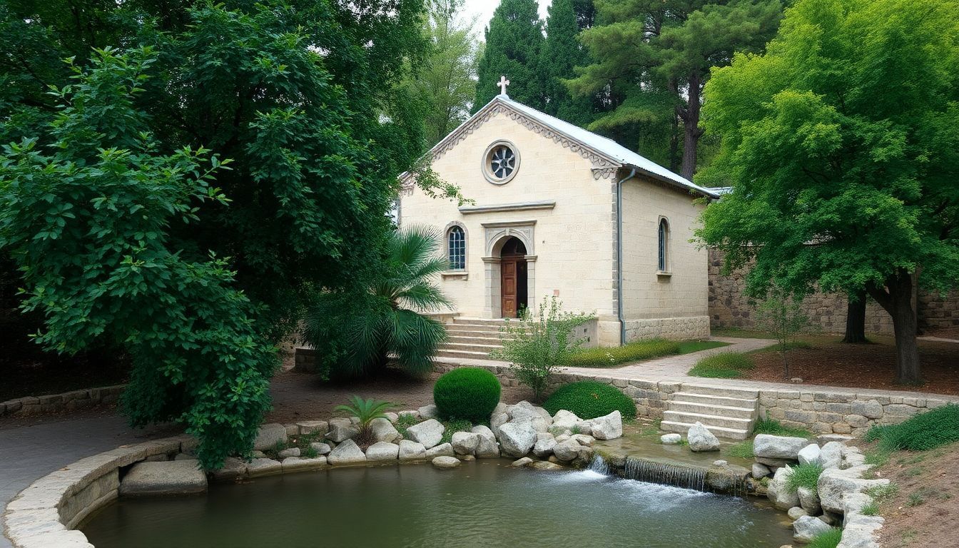 An ancient stone church in Ein Karem surrounded by lush green trees.