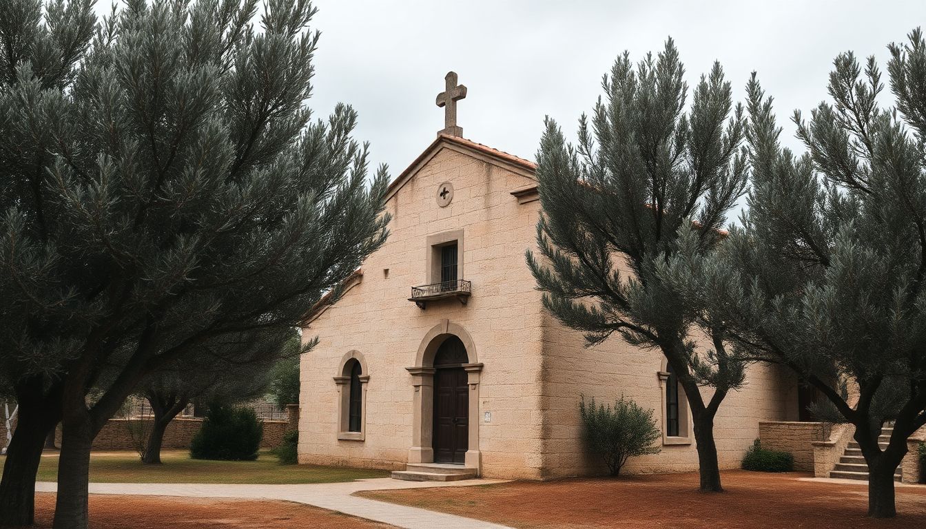 A weathered stone chapel surrounded by olive trees under a cloudy sky.