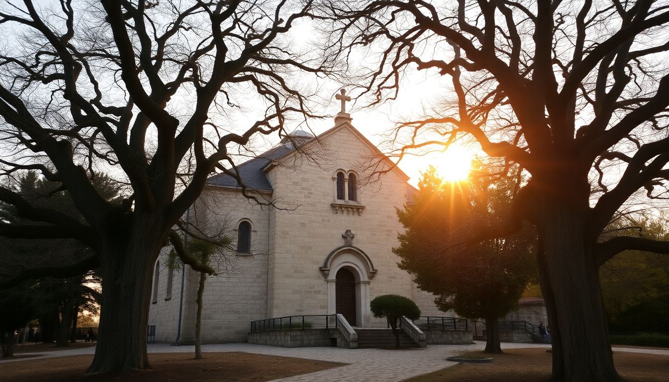 An ancient stone monastery surrounded by trees under the fading sun.