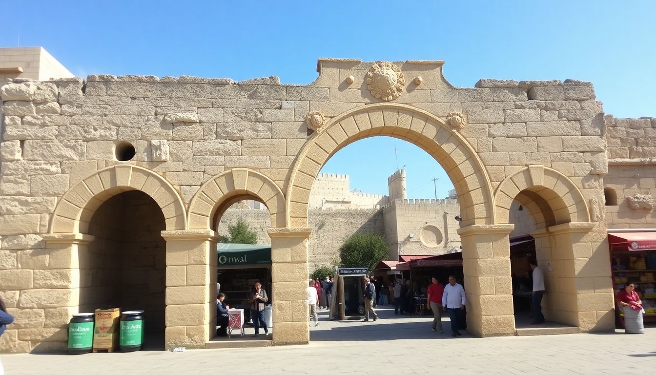 An ancient arched stone gateway in Jerusalem with detailed carvings.