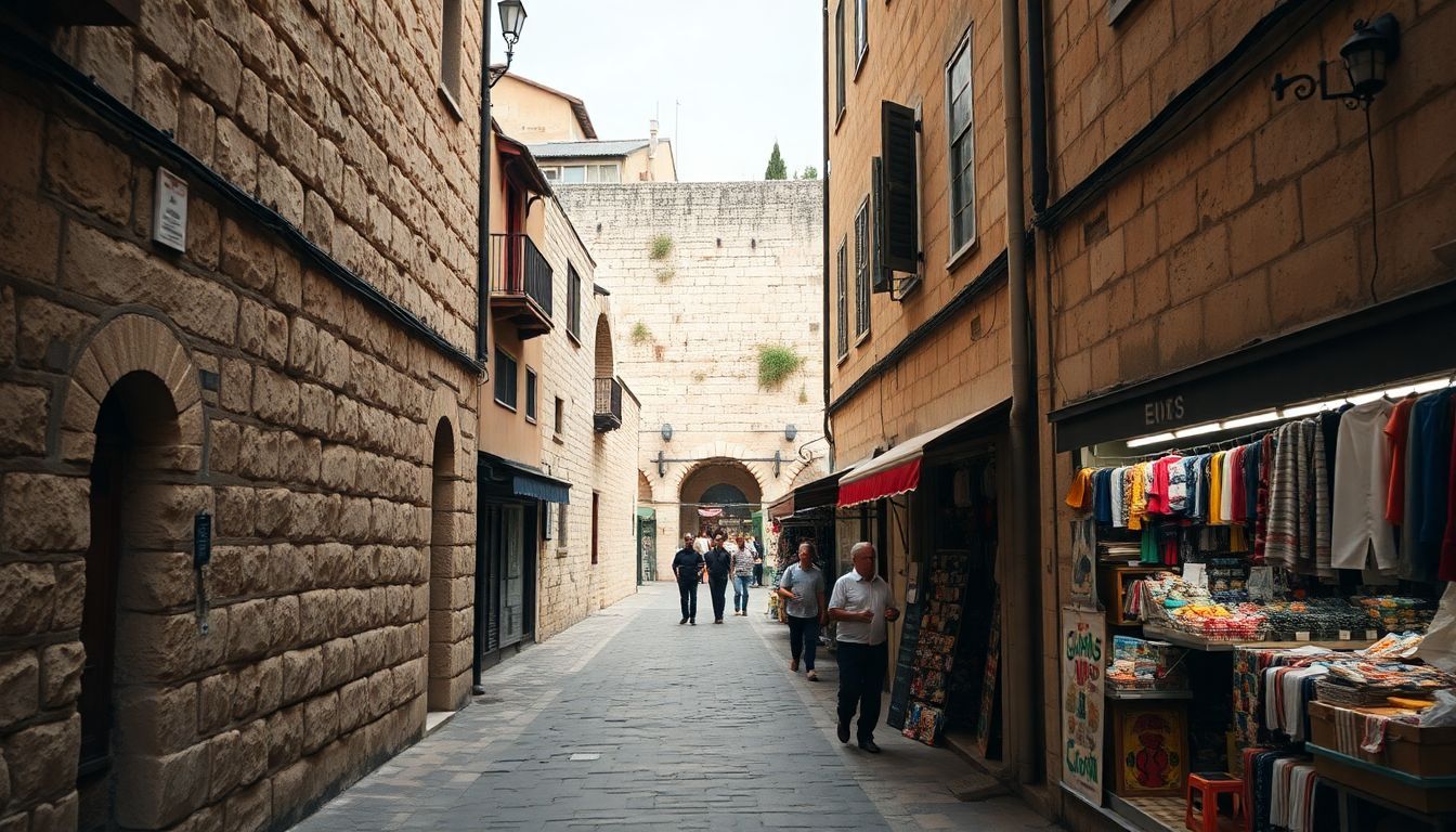 A cobblestone alley in the Old City of Jerusalem leading to the Western Wall.