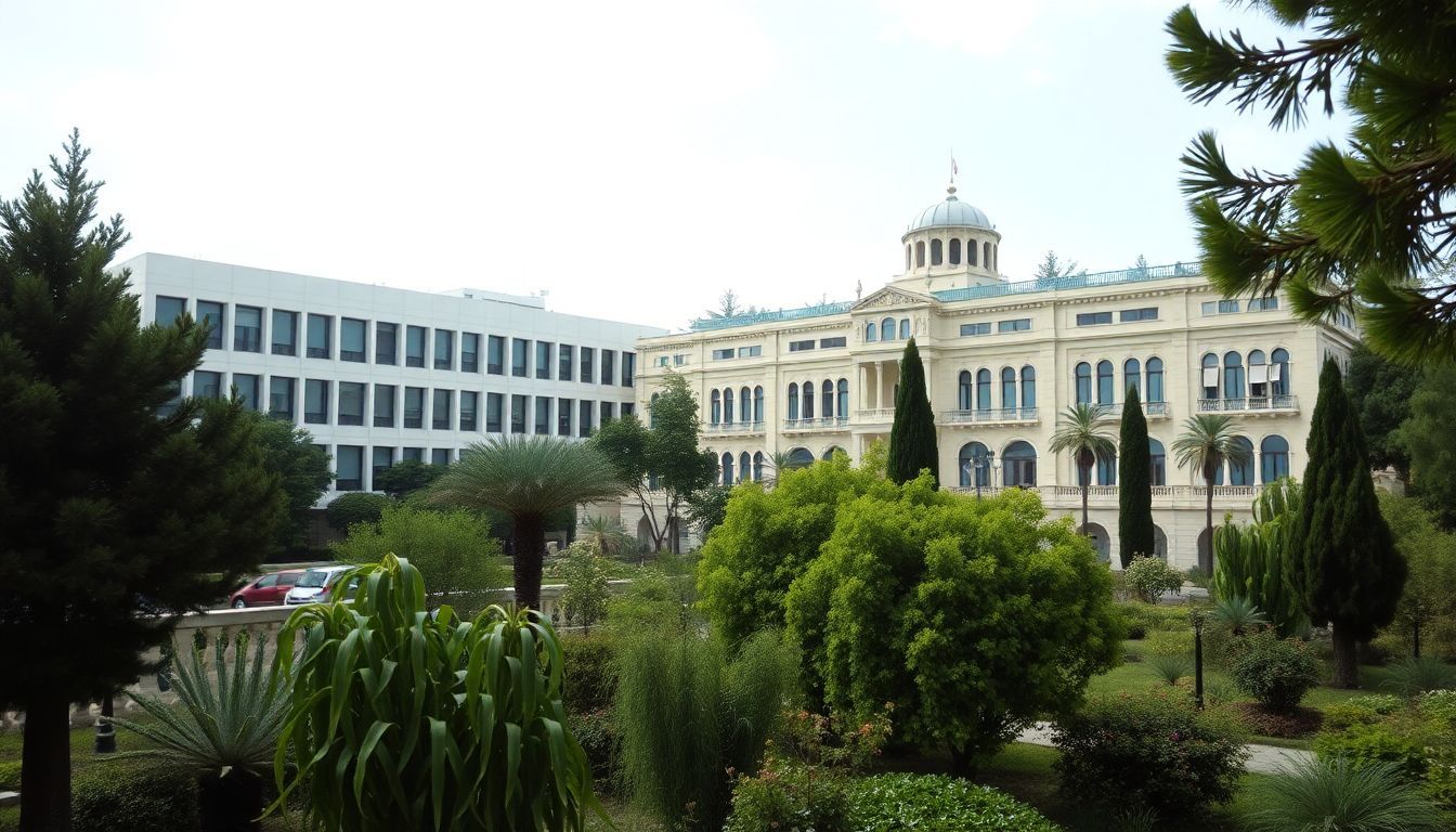 Snapshot of Hebrew University campus, Augusta Victoria Hospital, and Botanical Gardens.