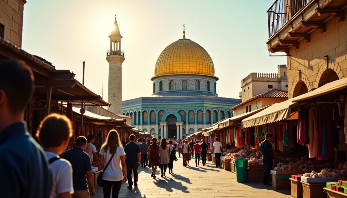 The Dome of the Rock in the Muslim Quarter with market stalls.