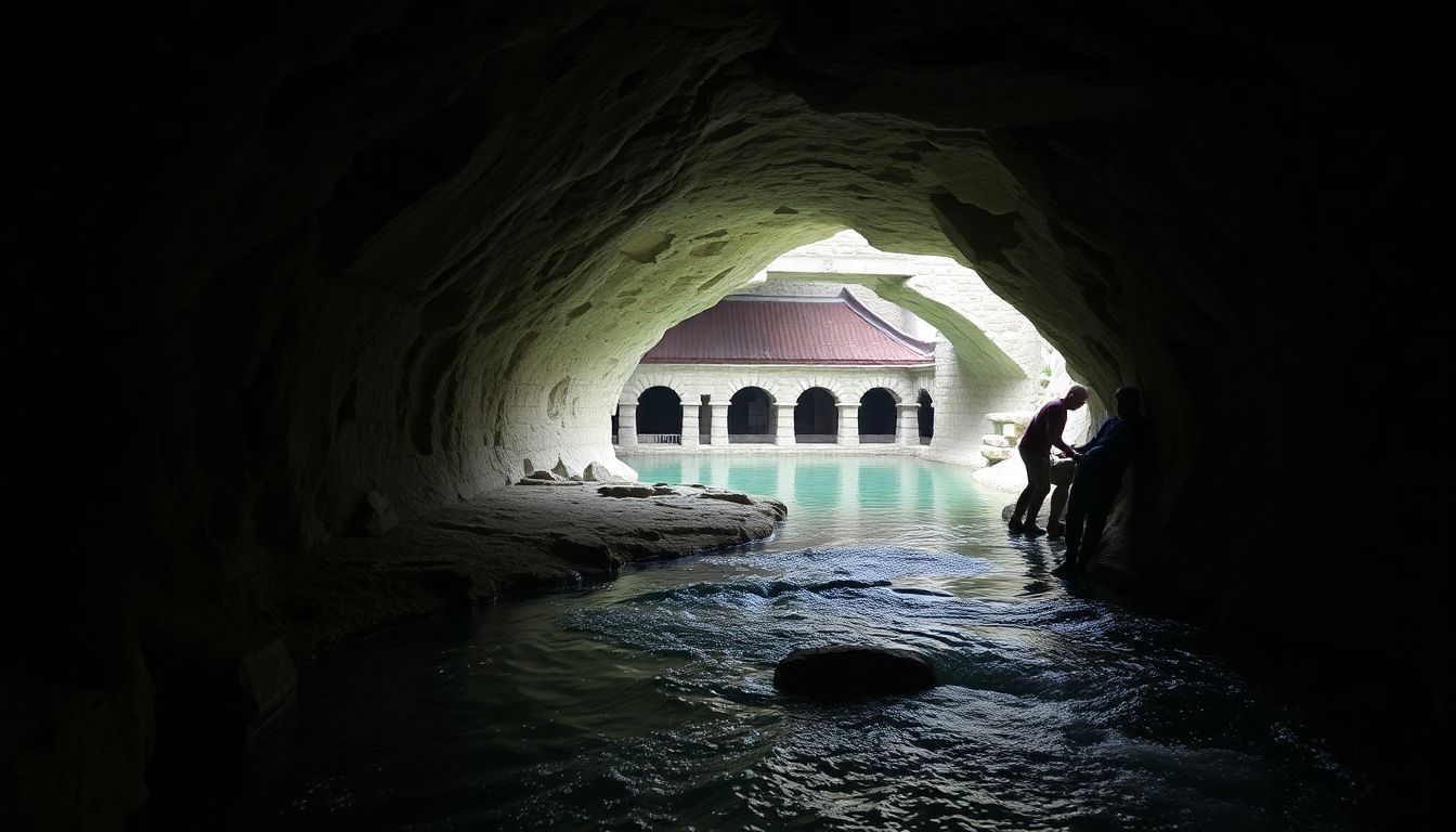 An ancient underground tunnel with flowing water leading to Siloam Pool.