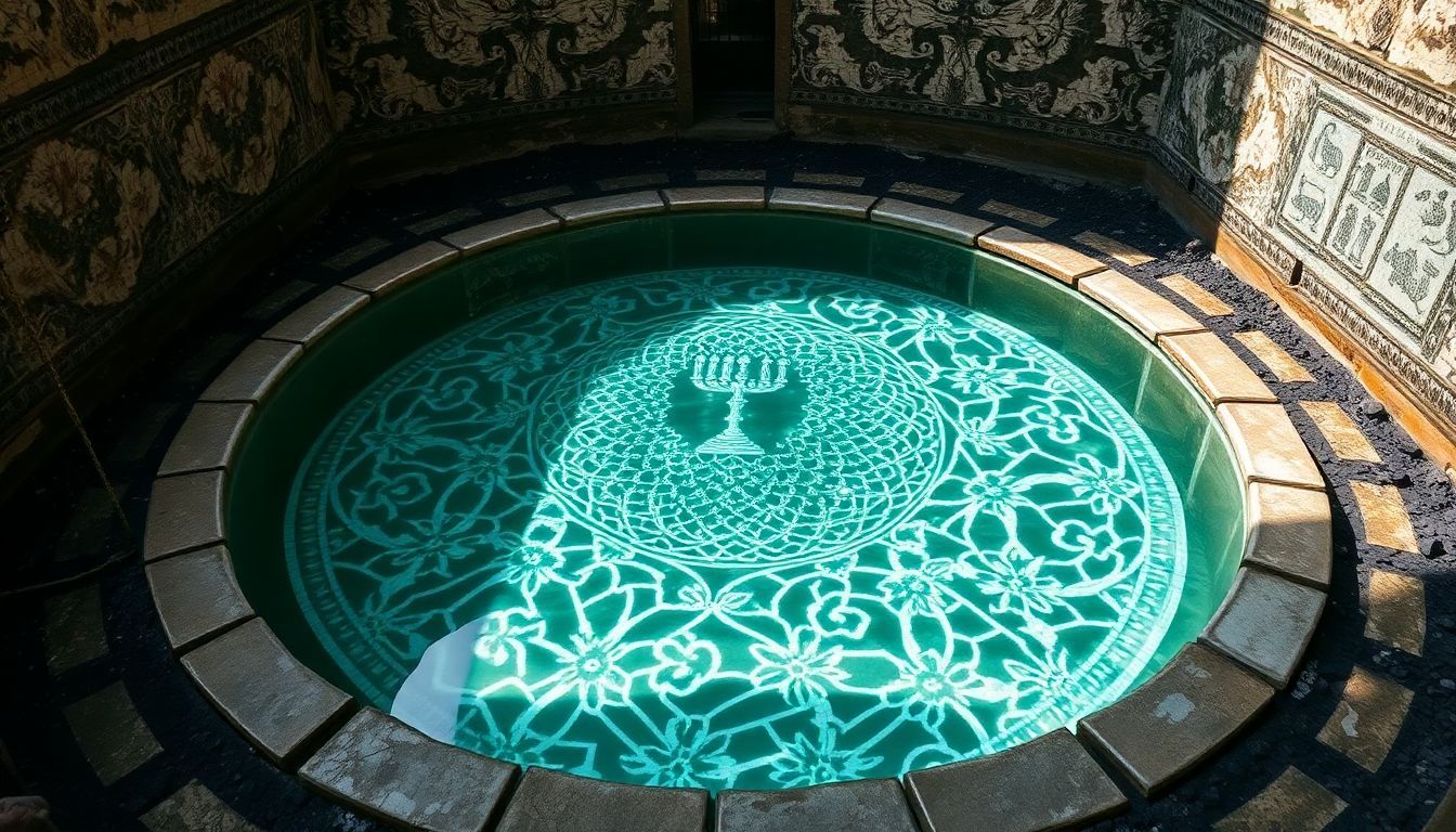 An ancient ritual bath surrounded by intricate mosaic floors and a menorah etching.