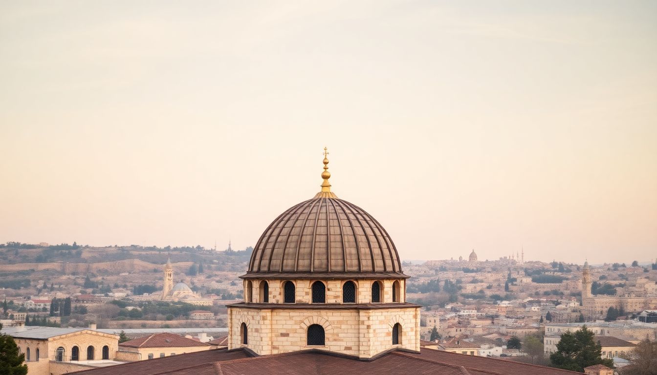 A photo of the Hurva Synagogue against the Jerusalem skyline.