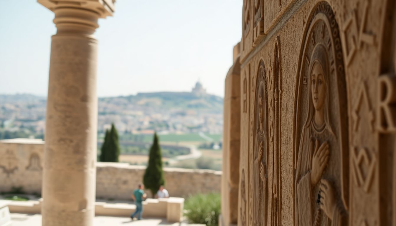 A close-up of intricate carvings and religious symbols on ancient stone walls.