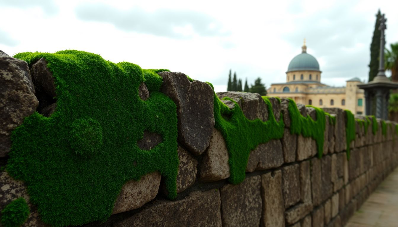 A weathered stone wall covered in bright green moss in Jerusalem.