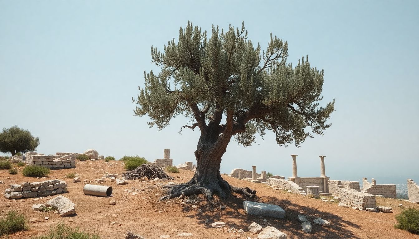 A weathered olive tree stands among ancient ruins on a hilltop.