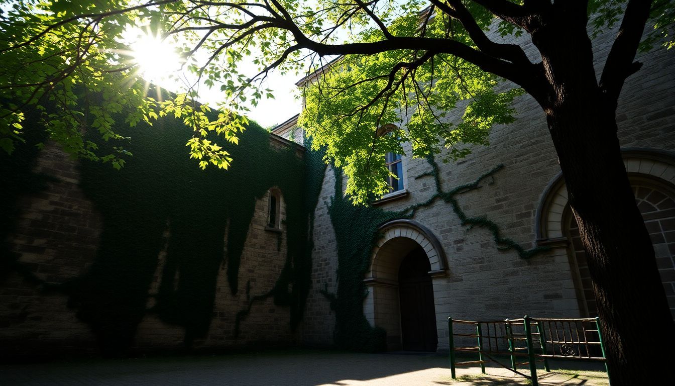 Ancient stone walls of Holy Trinity Cathedral covered in ivy and moss.