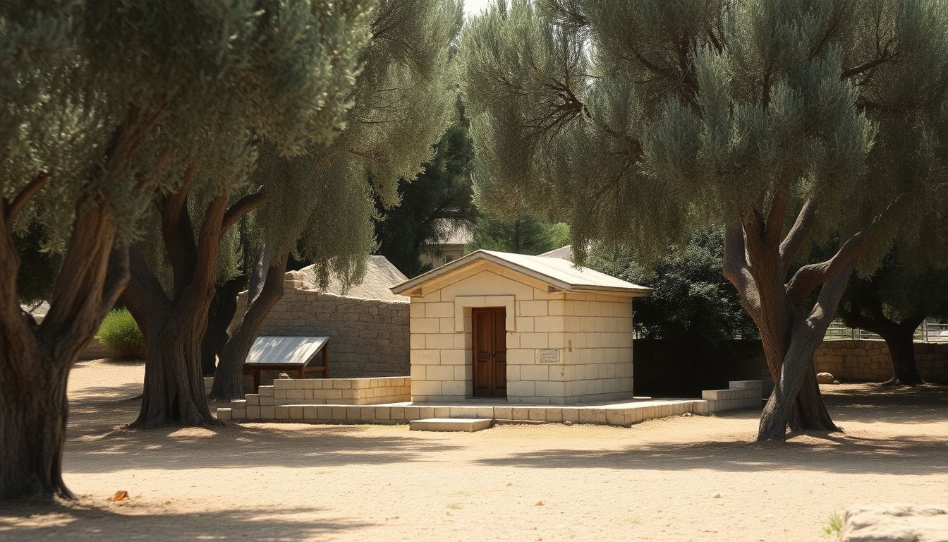 'Solitary ancient Jewish tomb among aged olive trees in Kidron Valley.'