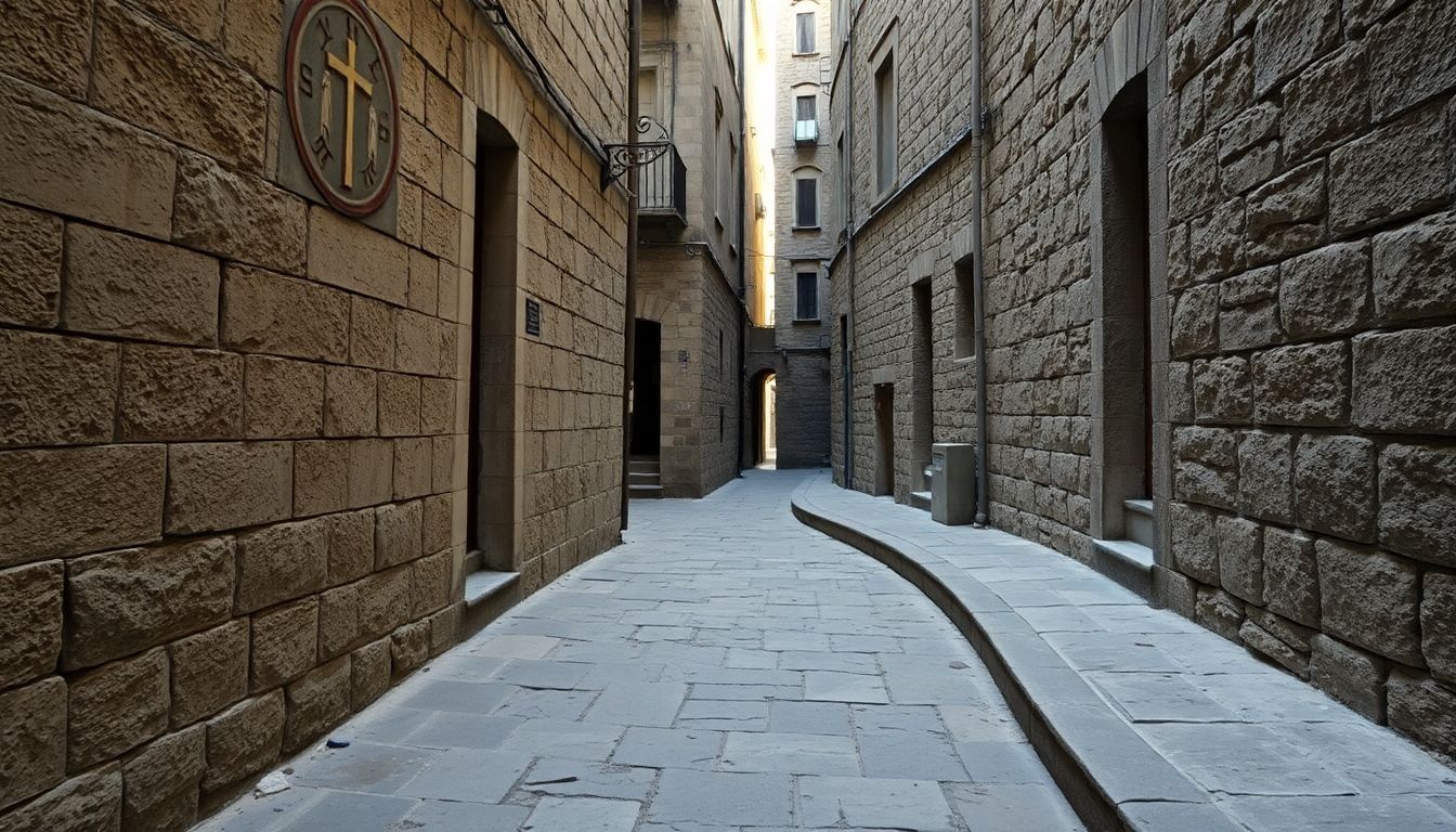 An aged stone pathway winds through the Christian Quarter with faded religious symbols.