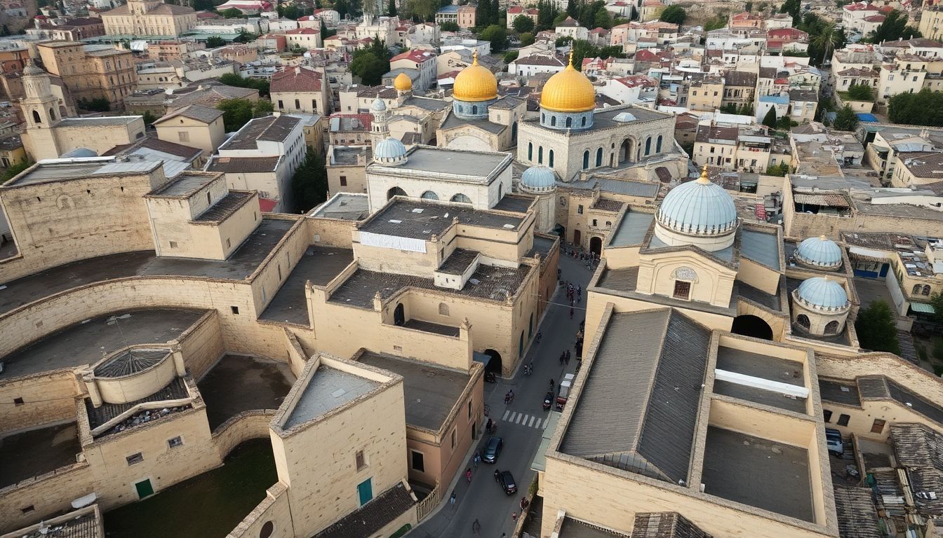 Aerial view of the diverse Old City of Jerusalem with distinct religious landmarks.