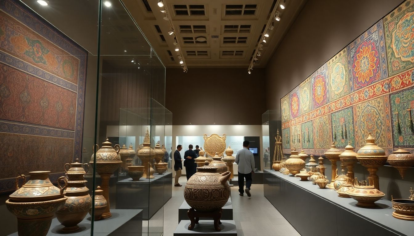 A museum display featuring intricate Islamic artifacts and crafts.