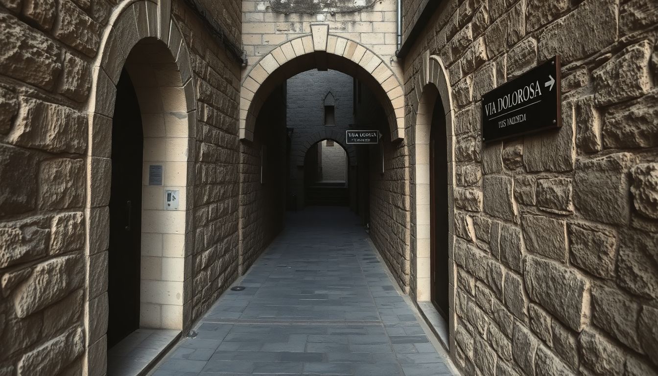 A narrow cobblestone alley in Jerusalem, marking the beginning of Via Dolorosa.