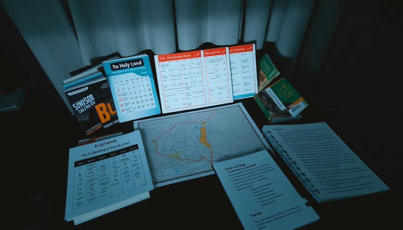 A table with Holy Land map, guidebooks, calendar, and notebook.