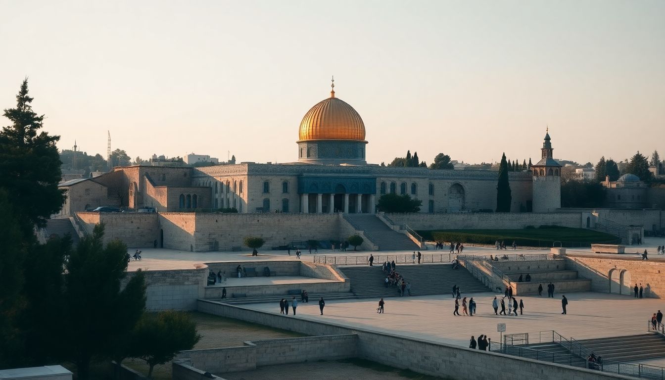 The Temple Mount in Jerusalem at sunrise, emphasizing structure and accessibility.