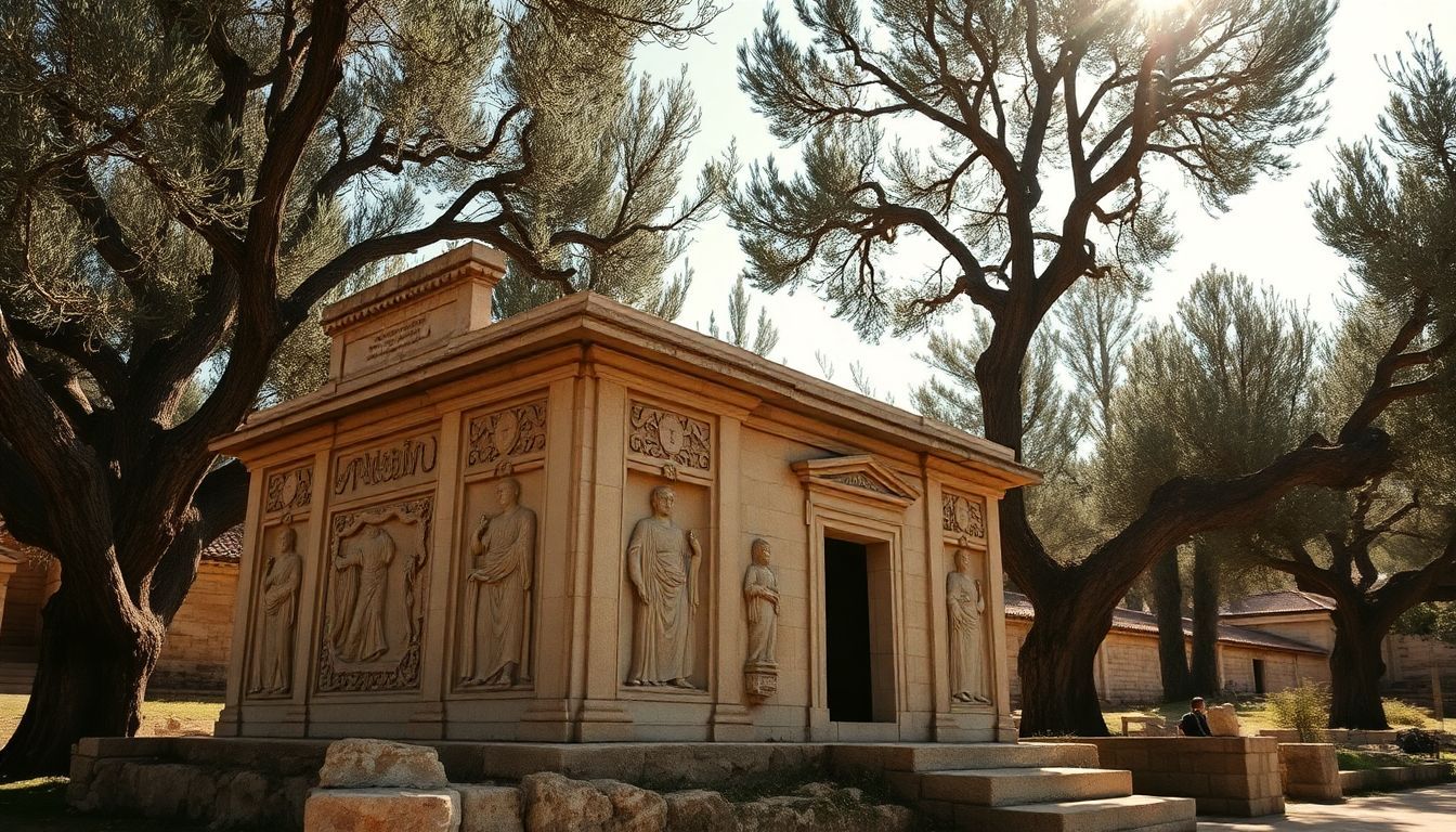 An ancient stone tomb with carvings surrounded by olive trees.