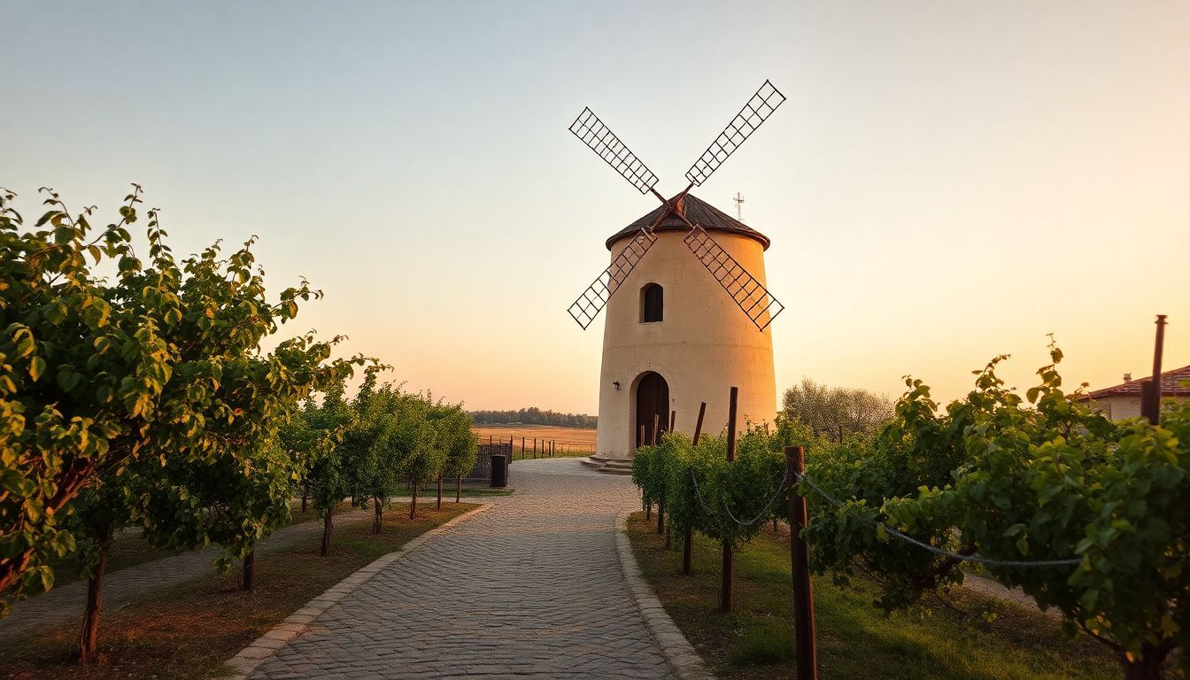 The Montefiore Windmill stands in lush vineyards at sunset.