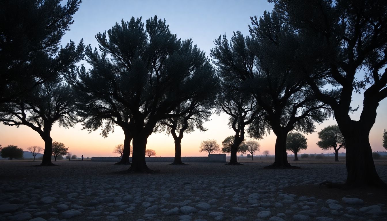 A serene image of ancient olive trees in the Garden of Gethsemane.