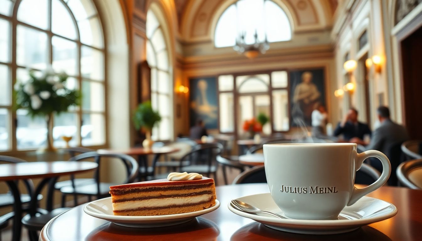 A slice of Sacher Torte and coffee in an elegant Viennese café.